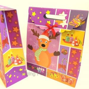 Large purple printed gift bag with a fold over velcro handle.